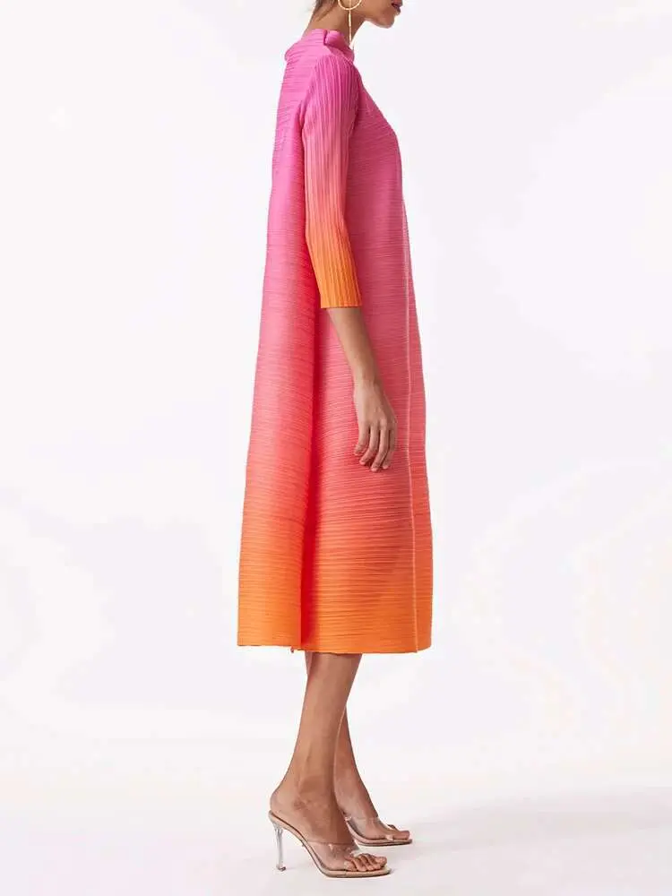 LANMREM Fashion Pleated Dress Gradient Color Women Turtleneck Long Sleeves Pink Orange Dresses Female Clothing 2024 New 2YA773b
