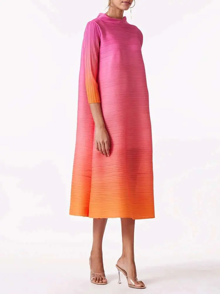 LANMREM Fashion Pleated Dress Gradient Color Women Turtleneck Long Sleeves Pink Orange Dresses Female Clothing 2024 New 2YA773b