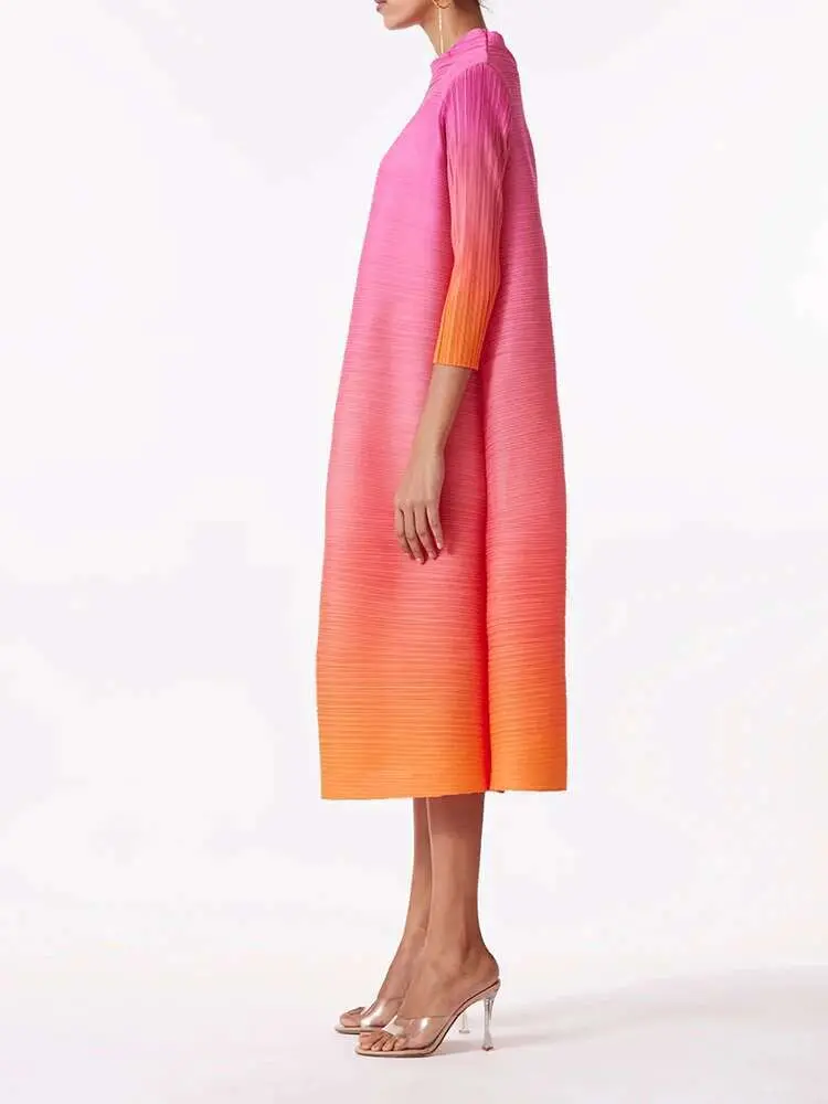 LANMREM Fashion Pleated Dress Gradient Color Women Turtleneck Long Sleeves Pink Orange Dresses Female Clothing 2024 New 2YA773b