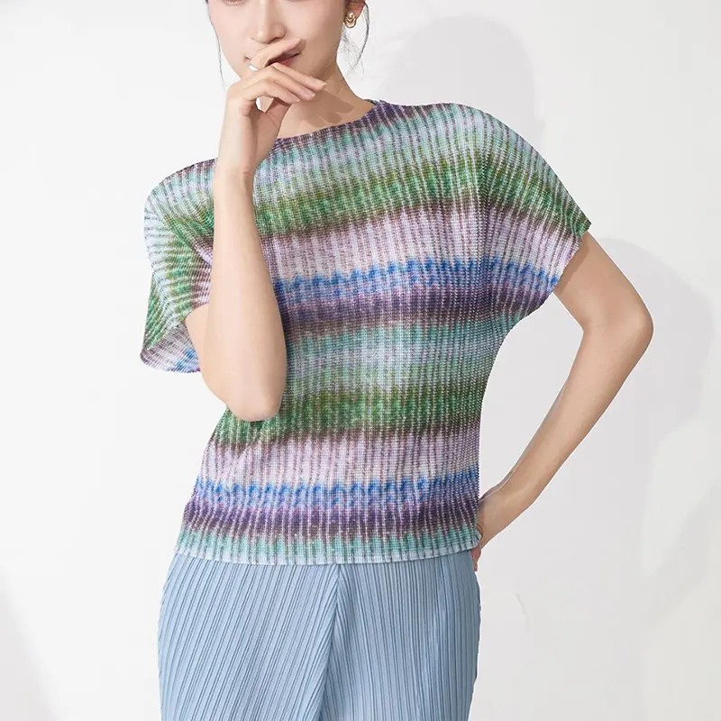 LANMREM Striped Printting Pleated Top For Women Summer 2025 New Batwing Sleeve Loose Elastic Short Sleeve Pullover Tops 2DB3708