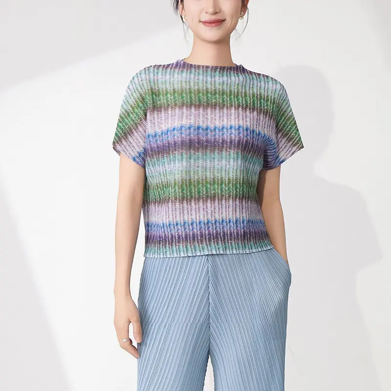LANMREM Striped Printting Pleated Top For Women Summer 2025 New Batwing Sleeve Loose Elastic Short Sleeve Pullover Tops 2DB3708