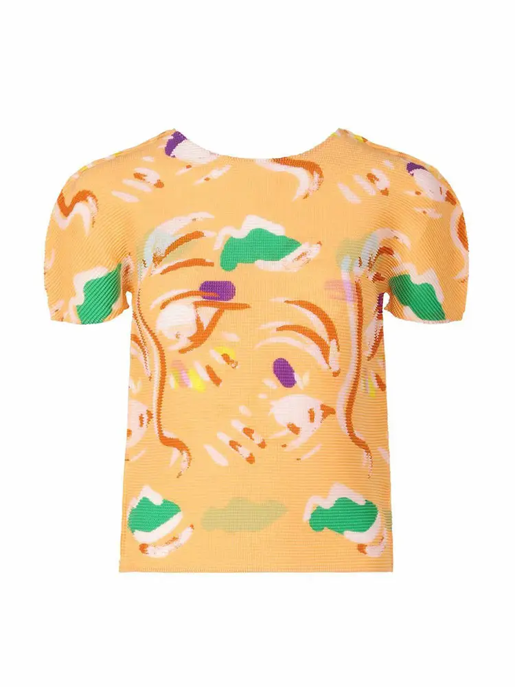 LANMREM 2025 New Pullover Top Round Neck Print Slim Fit Lightweight Comfortable Short Sleeve Pleated Women's T-shirts 2DB3005