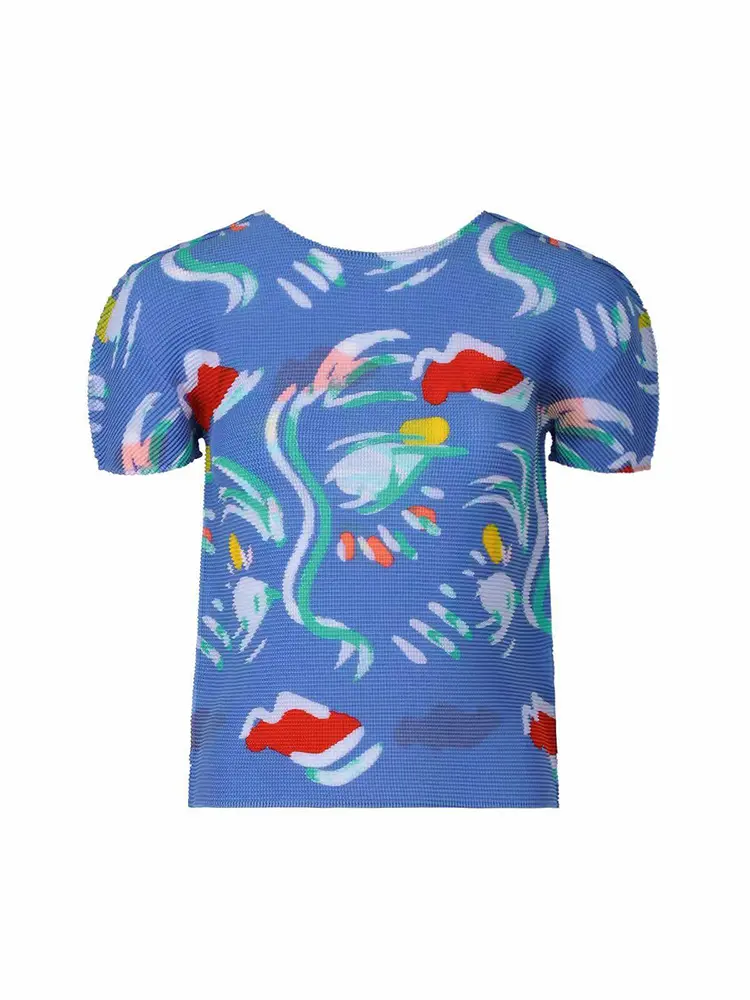 LANMREM 2025 New Pullover Top Round Neck Print Slim Fit Lightweight Comfortable Short Sleeve Pleated Women's T-shirts 2DB3005