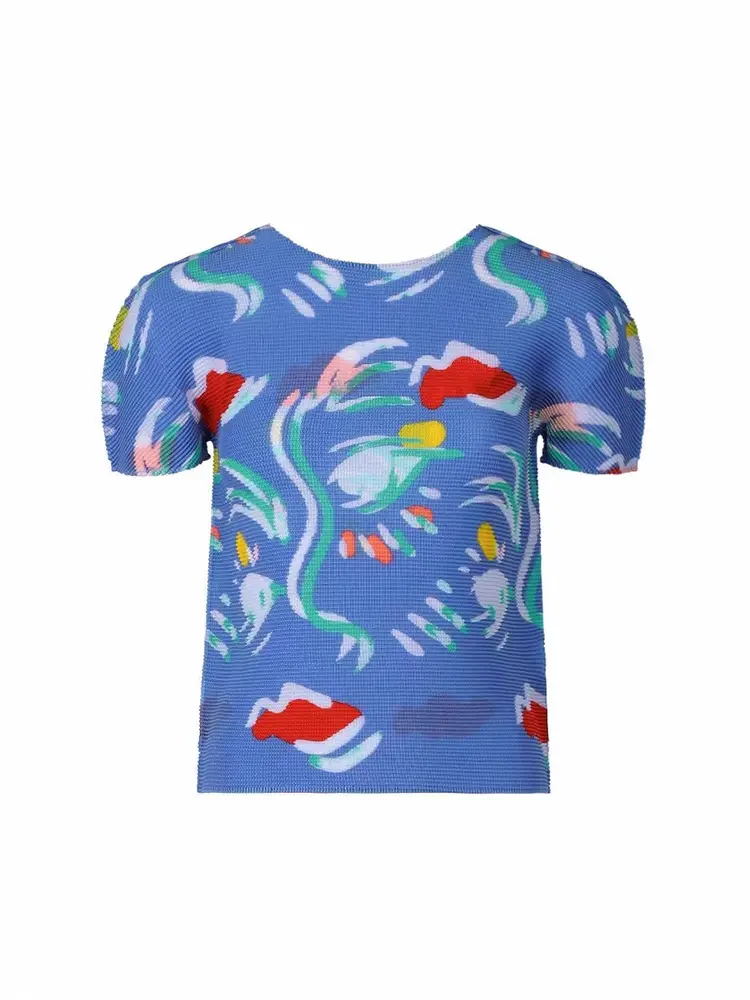 LANMREM 2025 New Pullover Top Round Neck Print Slim Fit Lightweight Comfortable Short Sleeve Pleated Women's T-shirts 2DB3005