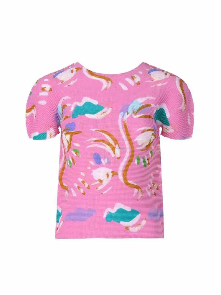 LANMREM 2025 New Pullover Top Round Neck Print Slim Fit Lightweight Comfortable Short Sleeve Pleated Women's T-shirts 2DB3005