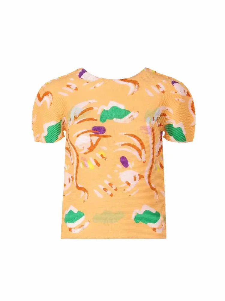 LANMREM 2025 New Pullover Top Round Neck Print Slim Fit Lightweight Comfortable Short Sleeve Pleated Women's T-shirts 2DB3005