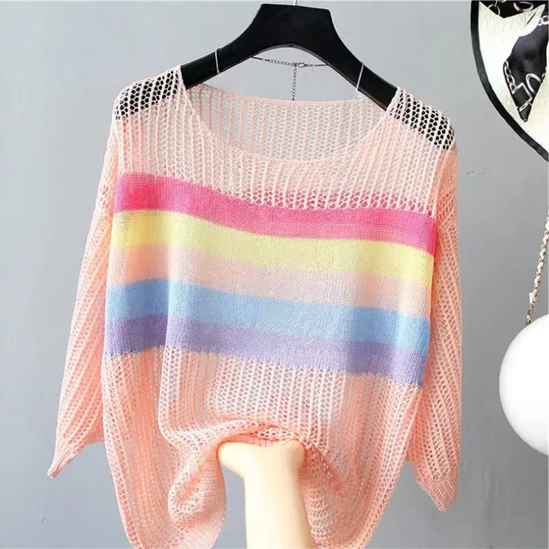 Women's Short Sleeve Knitted Pullover, Korean Popular Clothes, Sexy T-Shirt, Hollow Color, Round Top, Summer Vacation