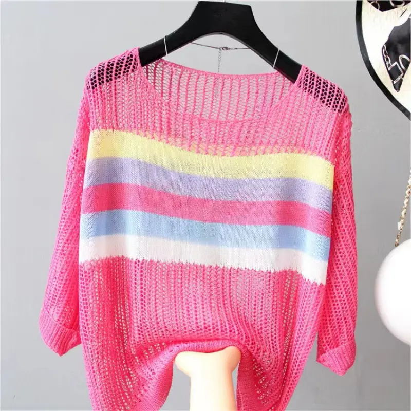 Women's Short Sleeve Knitted Pullover, Korean Popular Clothes, Sexy T-Shirt, Hollow Color, Round Top, Summer Vacation