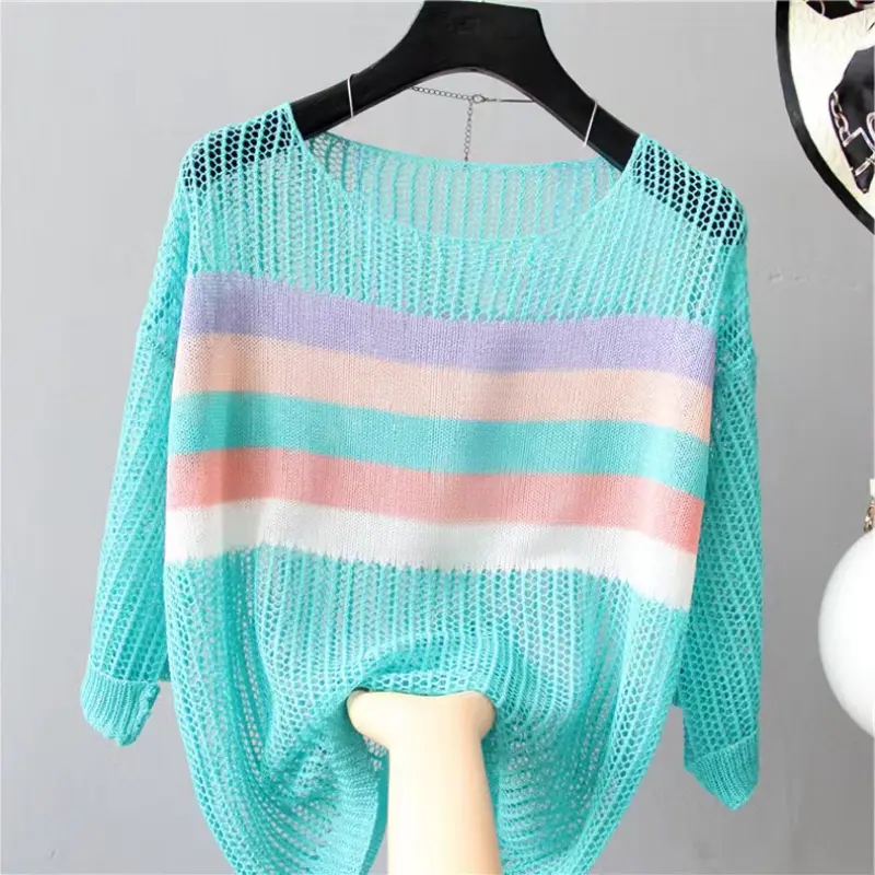 Women's Short Sleeve Knitted Pullover, Korean Popular Clothes, Sexy T-Shirt, Hollow Color, Round Top, Summer Vacation