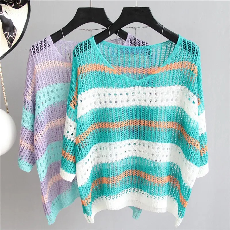 Women's Short Sleeve Knitted Pullover, Korean Popular Clothes, Sexy T-Shirt, Hollow Color, Round Top, Summer Vacation