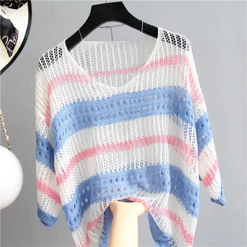 Women's Short Sleeve Knitted Pullover, Korean Popular Clothes, Sexy T-Shirt, Hollow Color, Round Top, Summer Vacation