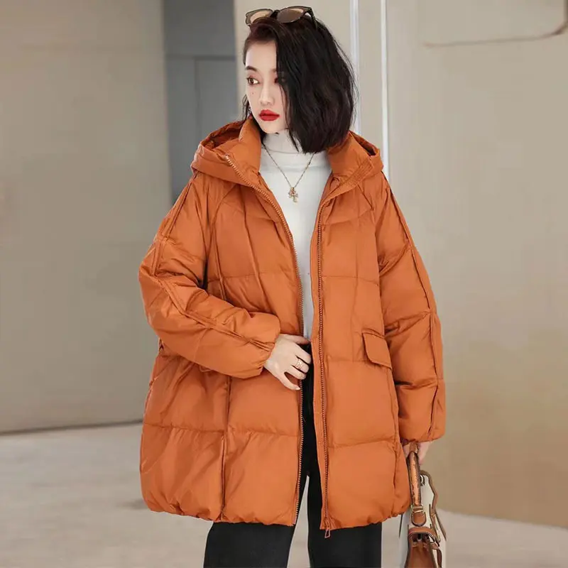 Lightweight Padded Down Jacket for Women, Loose Hood, Warm White Duck Outwear, Korean Style, 2024 Autumn and Winter