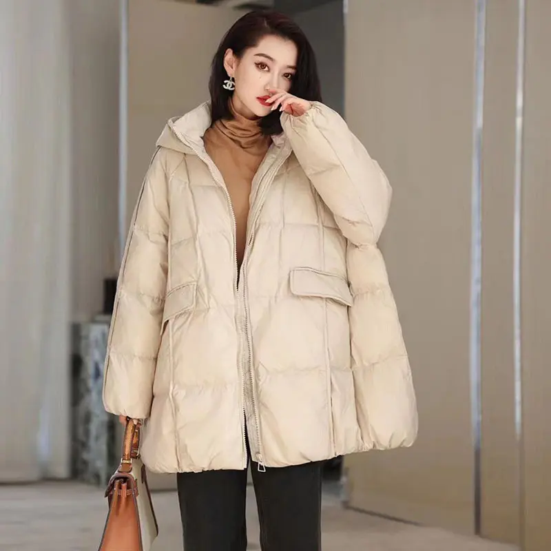 Lightweight Padded Down Jacket for Women, Loose Hood, Warm White Duck Outwear, Korean Style, 2024 Autumn and Winter