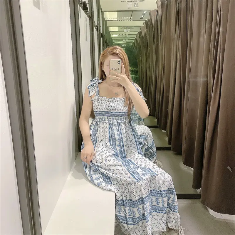 Women's Casual Open Back Pleated Party Dress, Retro Lotus Leaf, Mid-length, Shoulder Strap, Elegant, Summer, 2025