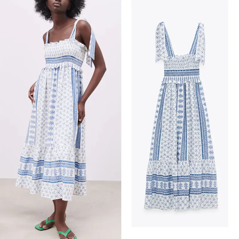 Women's Casual Open Back Pleated Party Dress, Retro Lotus Leaf, Mid-length, Shoulder Strap, Elegant, Summer, 2025