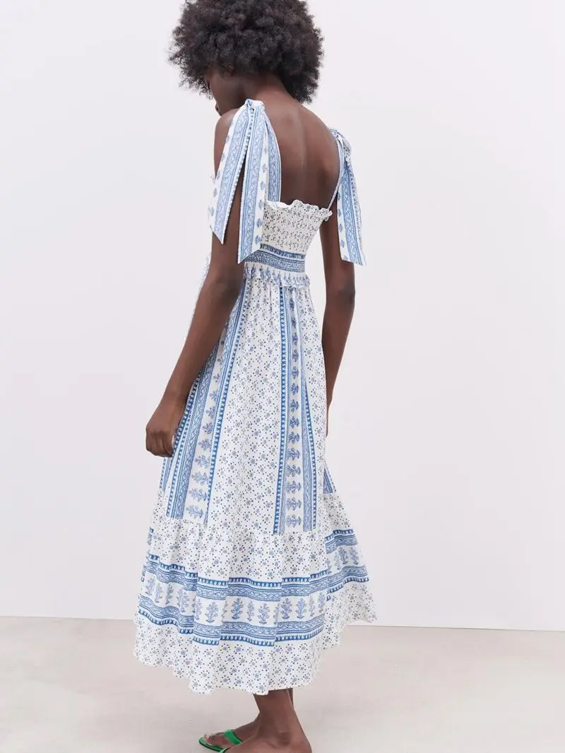 Women's Casual Open Back Pleated Party Dress, Retro Lotus Leaf, Mid-length, Shoulder Strap, Elegant, Summer, 2025