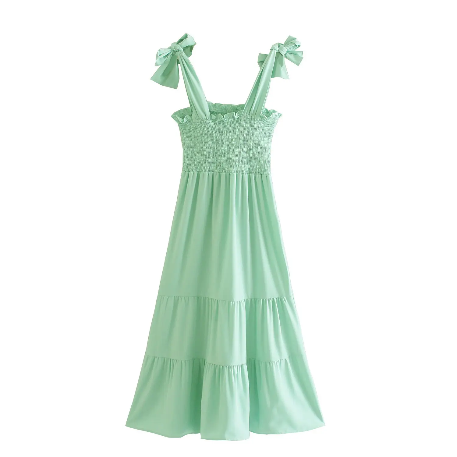 Women's Casual Open Back Pleated Party Dress, Retro Lotus Leaf, Mid-length, Shoulder Strap, Elegant, Summer, 2025