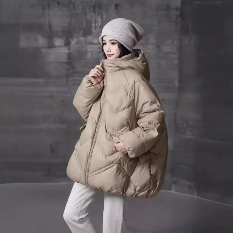 Women's Hooded Medium Length Down Jacket, Warm Casual Coats, Down Fill Parkas, Korean Fashion, Autumn, Winter, 2024