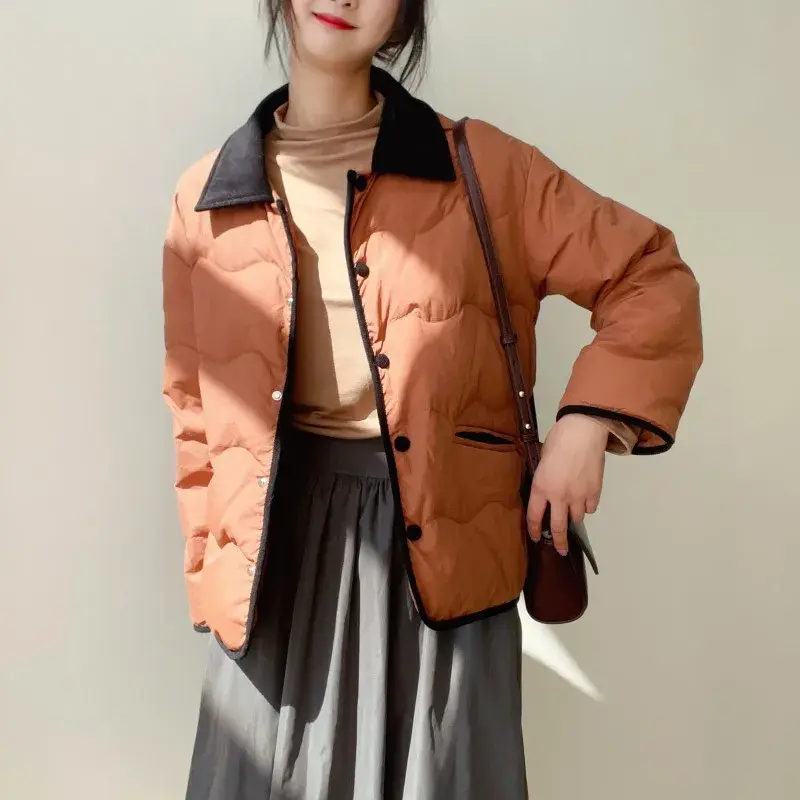 Female Corduroy Lapel Short Down Jacket, White Duck Down, Warm Coat, Loose, Casual, Color Collision, New, Fall and Winter