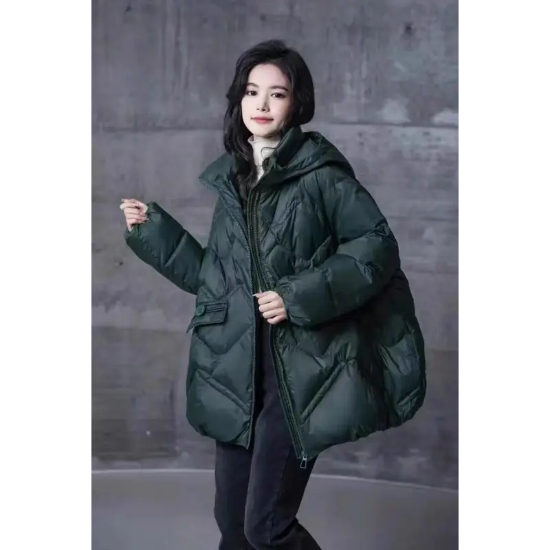 Women's Hooded Medium Length Down Jacket, Warm Casual Coats, Down Fill Parkas, Korean Fashion, Autumn, Winter, 2024