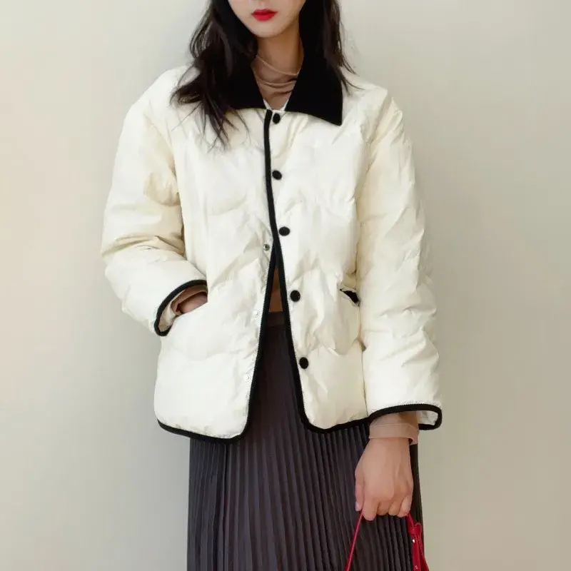 Female Corduroy Lapel Short Down Jacket, White Duck Down, Warm Coat, Loose, Casual, Color Collision, New, Fall and Winter