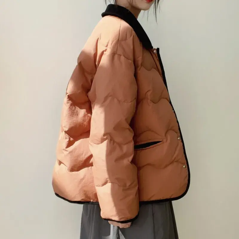 Female Corduroy Lapel Short Down Jacket, White Duck Down, Warm Coat, Loose, Casual, Color Collision, New, Fall and Winter