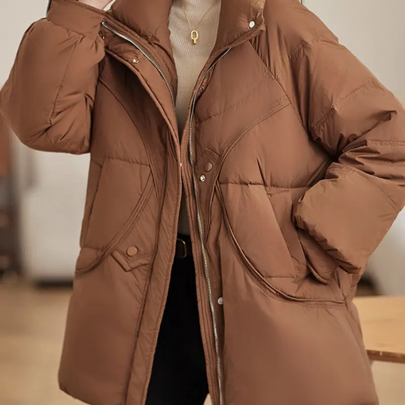 Women's Stand-up Collar Puffer Jacket, Thick, Warm, Mid-length, Monochromatic, Stylish, New, Fall, Winter