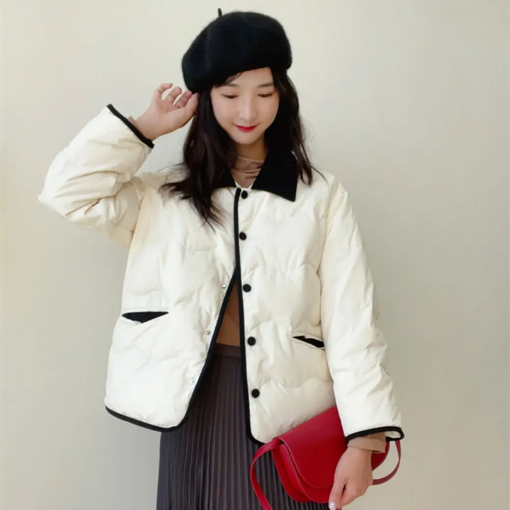 Female Corduroy Lapel Short Down Jacket, White Duck Down, Warm Coat, Loose, Casual, Color Collision, New, Fall and Winter