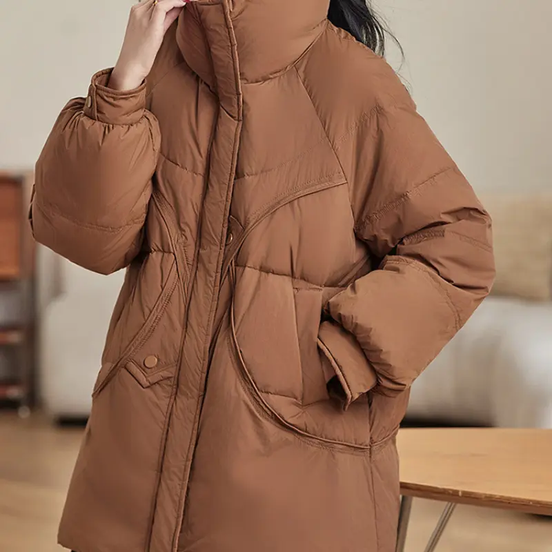 Women's Stand-up Collar Puffer Jacket, Thick, Warm, Mid-length, Monochromatic, Stylish, New, Fall, Winter