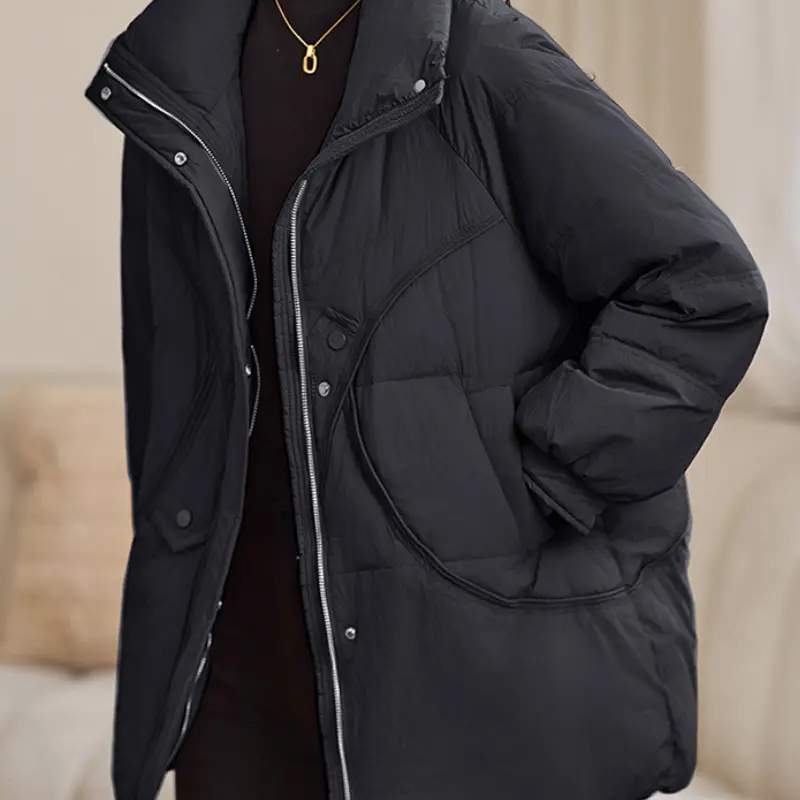 Women's Stand-up Collar Puffer Jacket, Thick, Warm, Mid-length, Monochromatic, Stylish, New, Fall, Winter