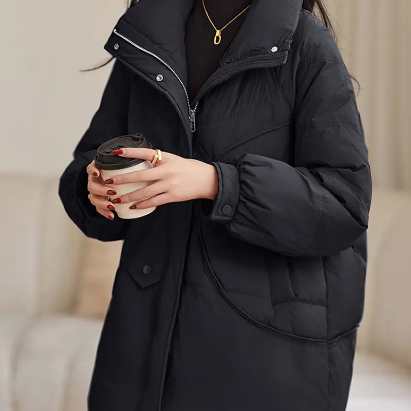 Women's Stand-up Collar Puffer Jacket, Thick, Warm, Mid-length, Monochromatic, Stylish, New, Fall, Winter