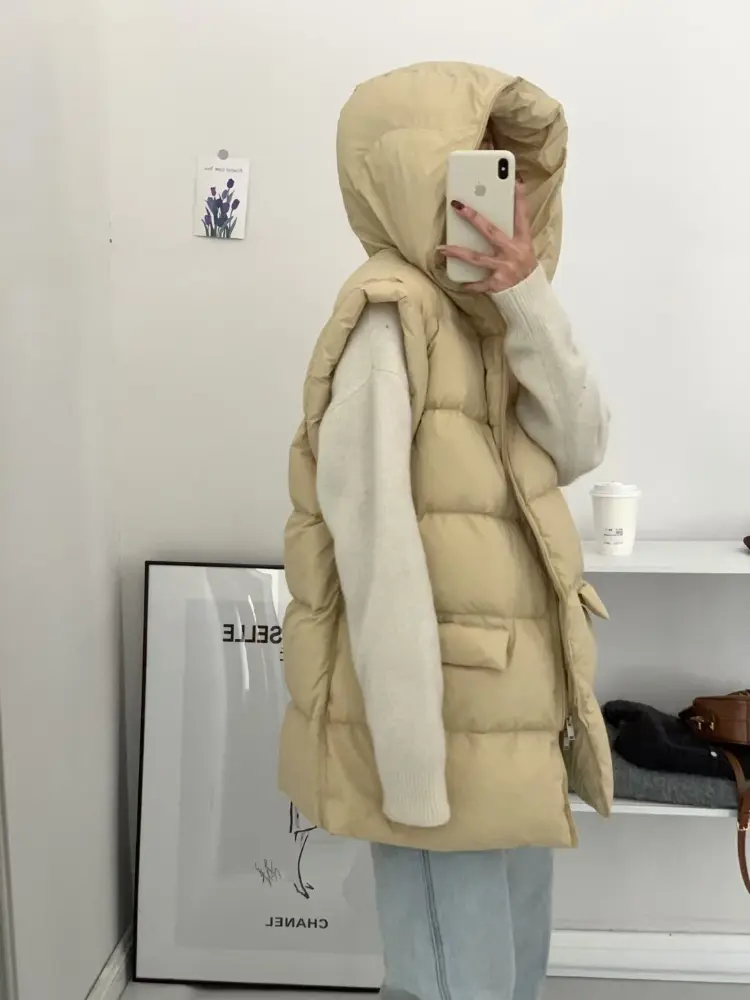 Down Vest Women Fall and Winter 2024 New 90 White Duck Down Thickened Warm Medium-length Loose Thin Versatile Hooded Vest