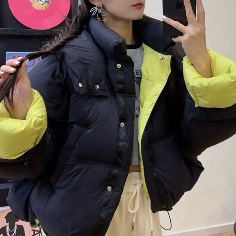 Hooded Puffer Jacket for Women, Short Coats, Reversible Wear, Warm, Loose, Thick, Bread Clothing, Korean Fashion