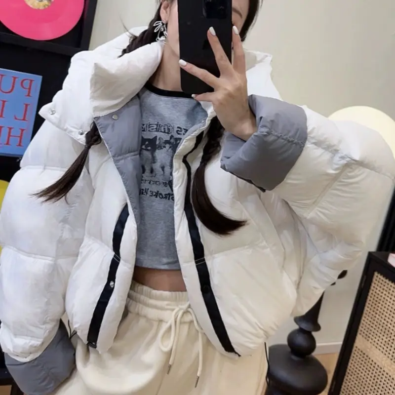 Hooded Puffer Jacket for Women, Short Coats, Reversible Wear, Warm, Loose, Thick, Bread Clothing, Korean Fashion