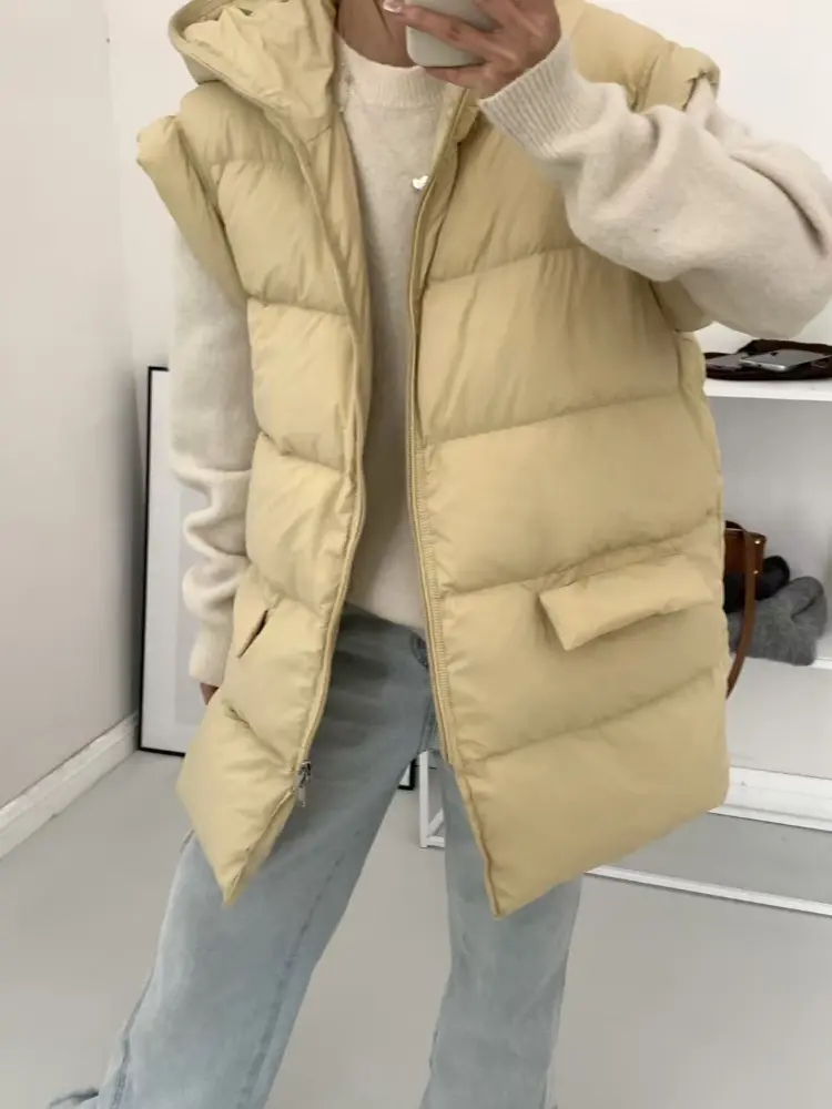 Down Vest Women Fall and Winter 2024 New 90 White Duck Down Thickened Warm Medium-length Loose Thin Versatile Hooded Vest