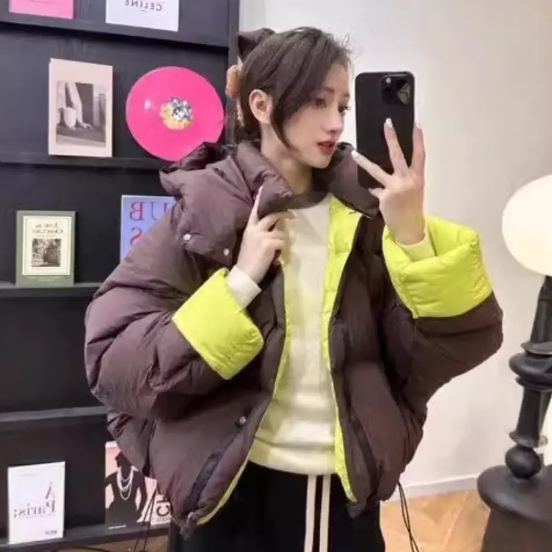 Hooded Puffer Jacket for Women, Short Coats, Reversible Wear, Warm, Loose, Thick, Bread Clothing, Korean Fashion