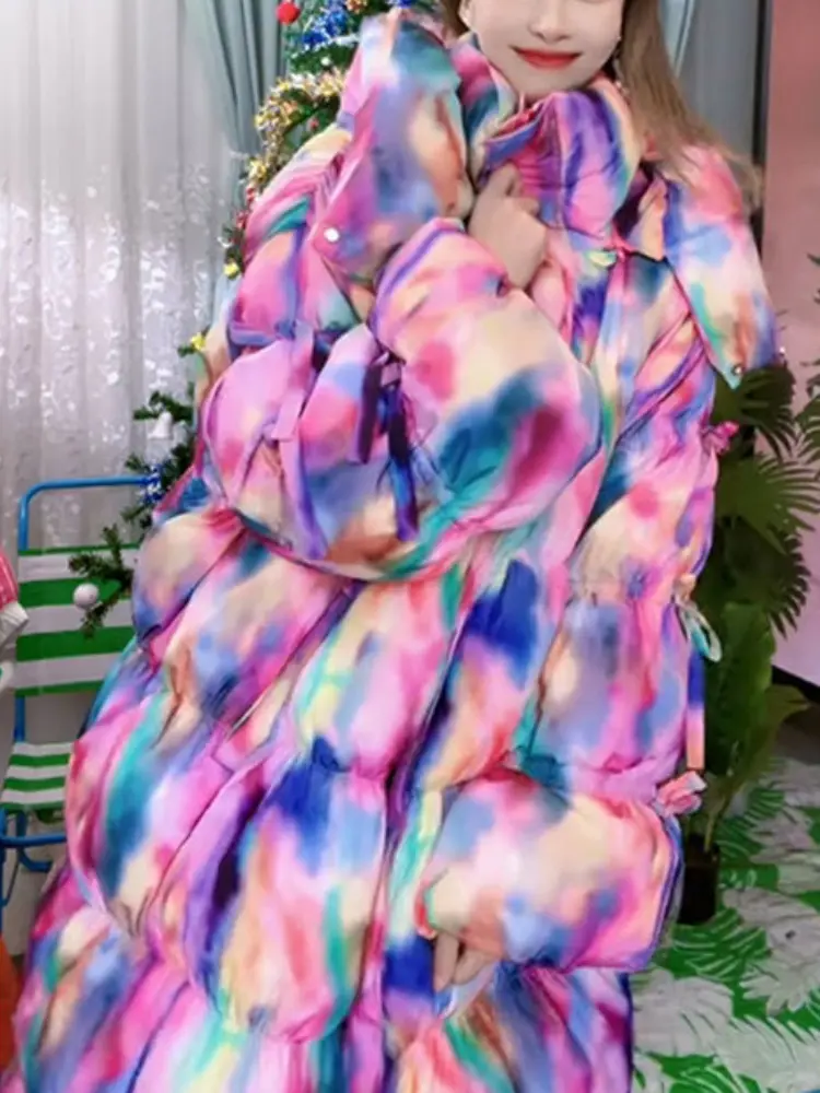 Long Down Jacket for Women, Thick Loose Warm Hooded Parka, Rainbow Polka Dot Printed, Female Down Jackets, Trend Y2k, Winter
