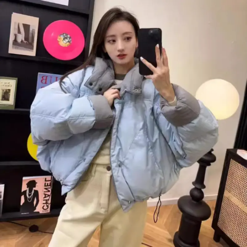 Hooded Puffer Jacket for Women, Short Coats, Reversible Wear, Warm, Loose, Thick, Bread Clothing, Korean Fashion
