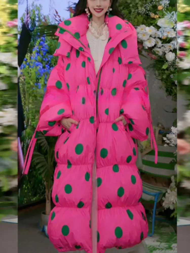 Long Down Jacket for Women, Thick Loose Warm Hooded Parka, Rainbow Polka Dot Printed, Female Down Jackets, Trend Y2k, Winter