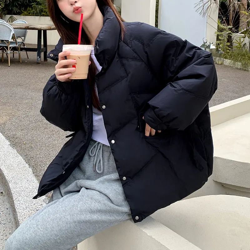 Women's Thick Warm Short Down Jackets, Casual Loose Outerwear, Stand-up Collar, Puffer Jackets, Simple, Autumn, Winter