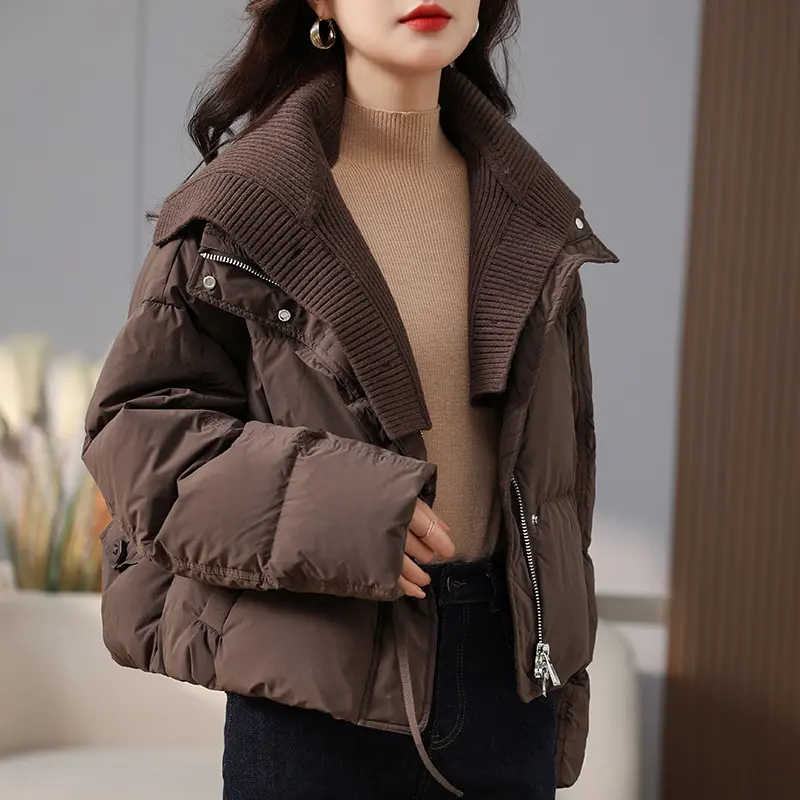 Women's Knitted Collar Splicing Down Jacket, Lapel Puffer Jacket, 90 White Duck Down, Warm Overcoat, Short Fashion, New, Winter