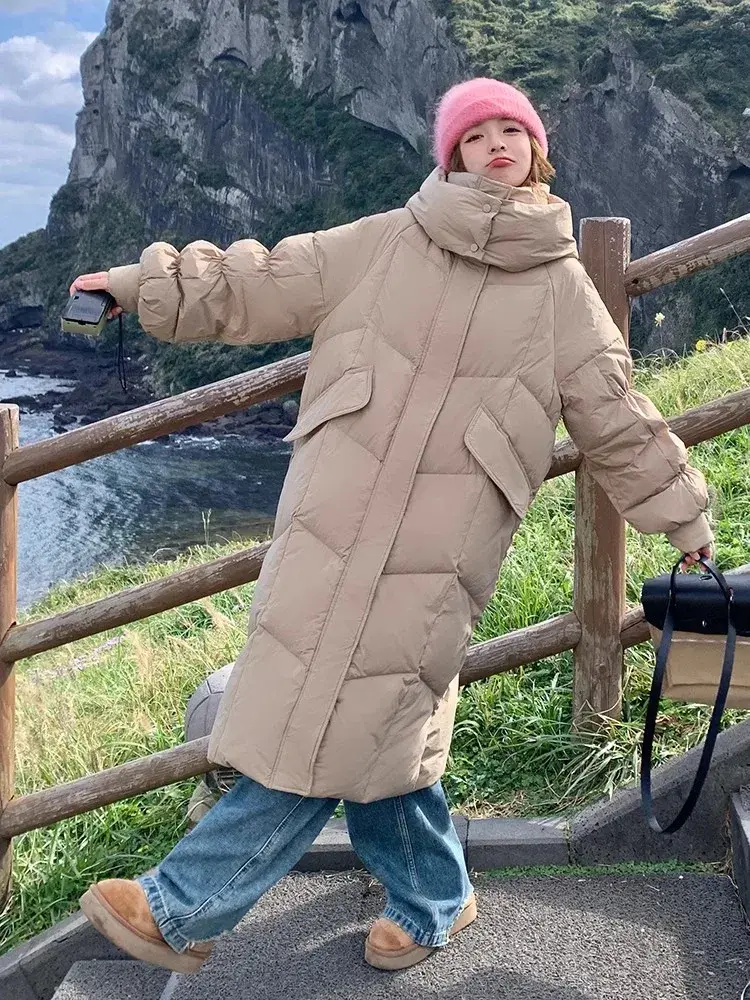 White Duck Down Hooded Jacket for Women, Long Knee-Length, Thickened, Warm, Cold Parka, Fashion, Padded, Winter