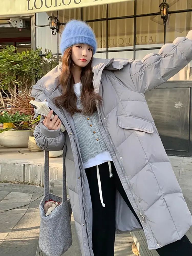White Duck Down Hooded Jacket for Women, Long Knee-Length, Thickened, Warm, Cold Parka, Fashion, Padded, Winter