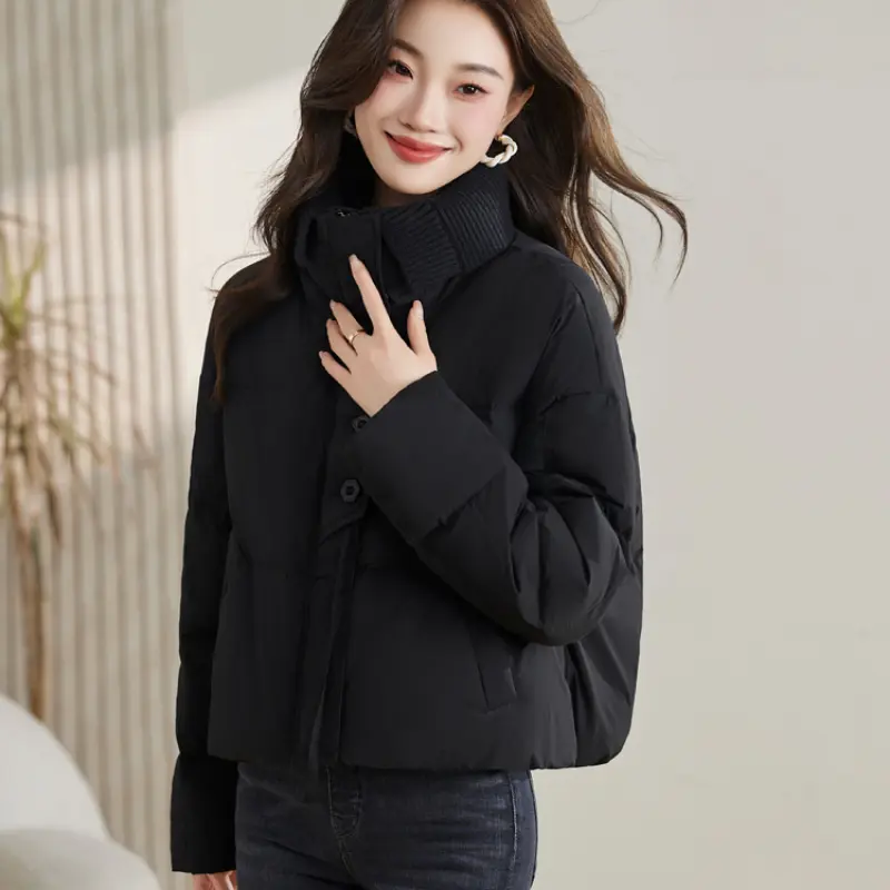 Women's Knitted Collar Splicing Down Jacket, Lapel Puffer Jacket, 90 White Duck Down, Warm Overcoat, Short Fashion, New, Winter
