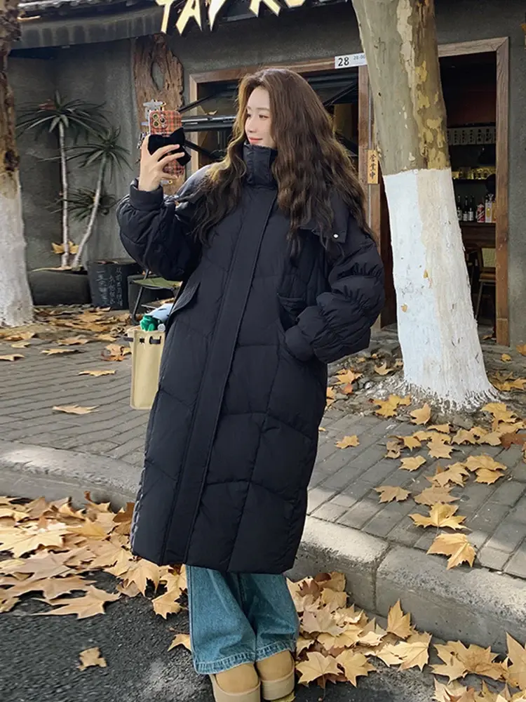 White Duck Down Hooded Jacket for Women, Long Knee-Length, Thickened, Warm, Cold Parka, Fashion, Padded, Winter