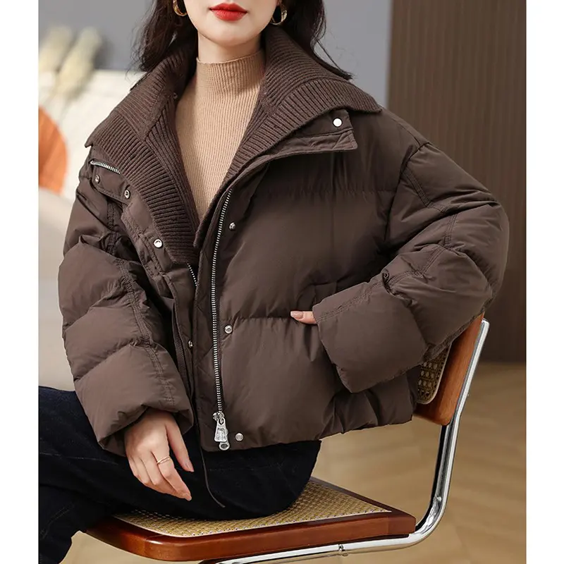 Women's Knitted Collar Splicing Down Jacket, Lapel Puffer Jacket, 90 White Duck Down, Warm Overcoat, Short Fashion, New, Winter
