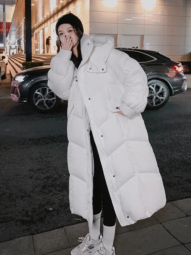 White Duck Down Hooded Jacket for Women, Long Knee-Length, Thickened, Warm, Cold Parka, Fashion, Padded, Winter