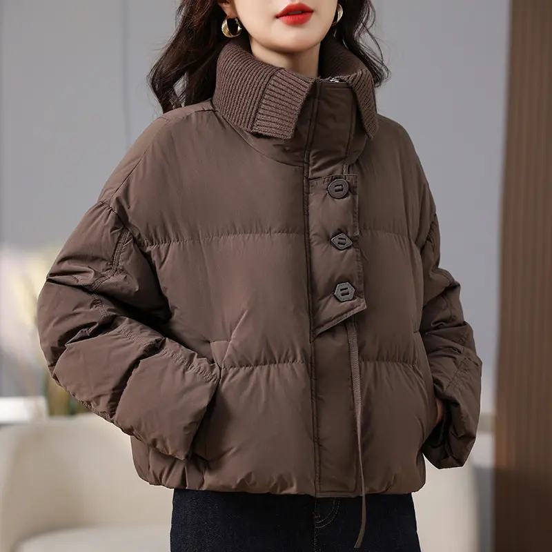 Women's Knitted Collar Splicing Down Jacket, Lapel Puffer Jacket, 90 White Duck Down, Warm Overcoat, Short Fashion, New, Winter