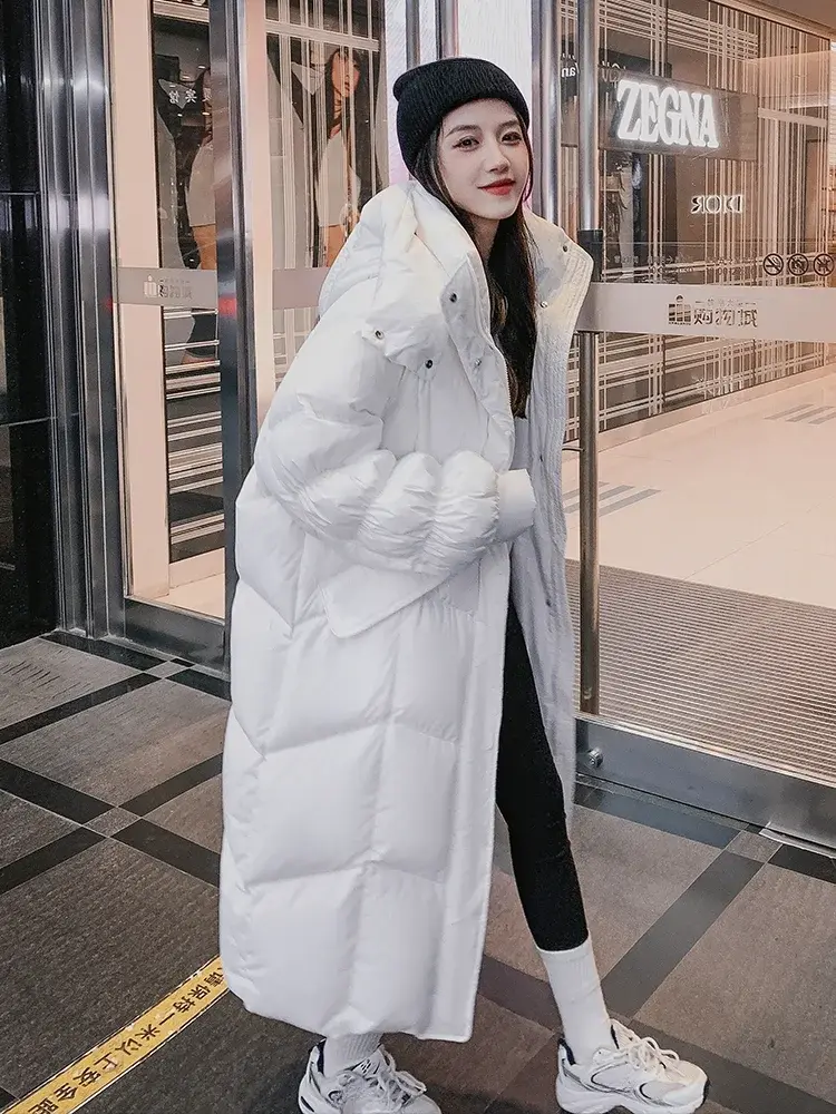 White Duck Down Hooded Jacket for Women, Long Knee-Length, Thickened, Warm, Cold Parka, Fashion, Padded, Winter