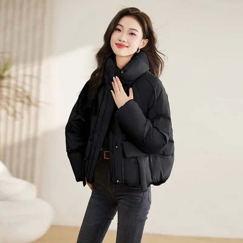 Female Short White Duck Down Jacket, Stand Collar, Thick, Warm, Monochromatic Coat, New Fashion, Winter